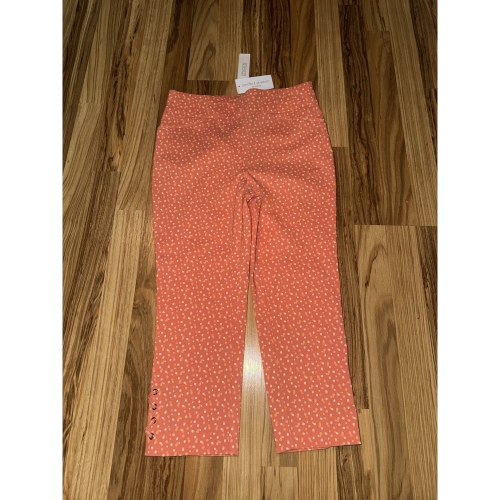 Chico's Sz 00 Perfect Stretch Josie Slim Capri Pants Patchwork Dots Soft Coral